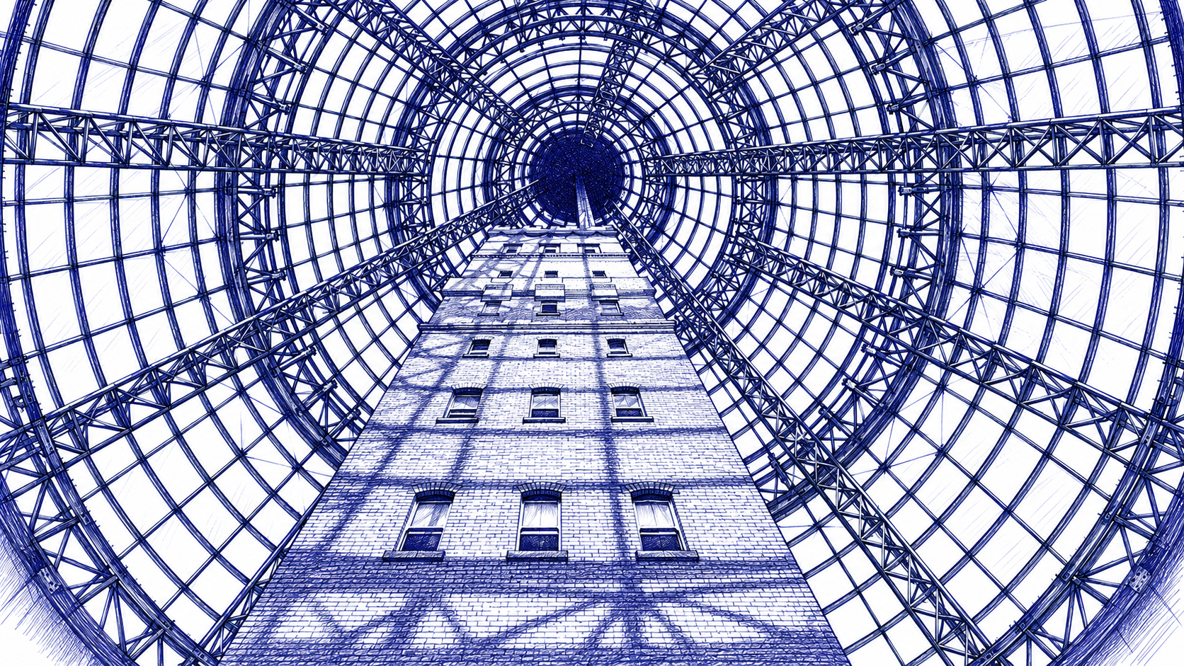 Blue pen drawing looking up the shot tower beneath its glass dome