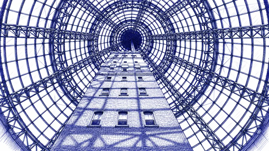 Blue pen drawing looking up the shot tower beneath its glass dome
